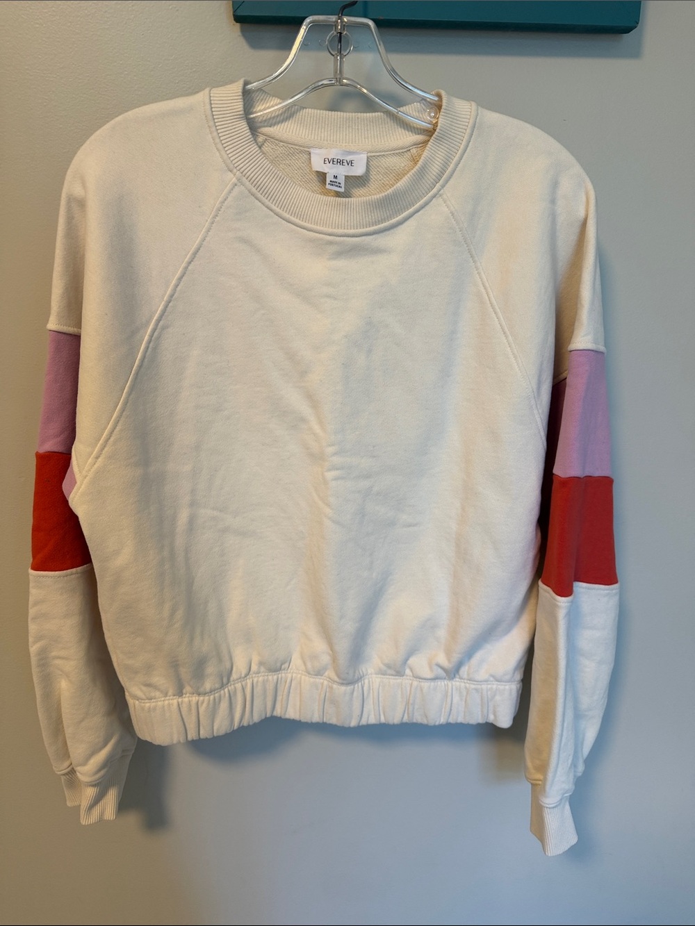 Evereve Cream Crewneck Sweatshirt with Pink & Red Sleeve Panels